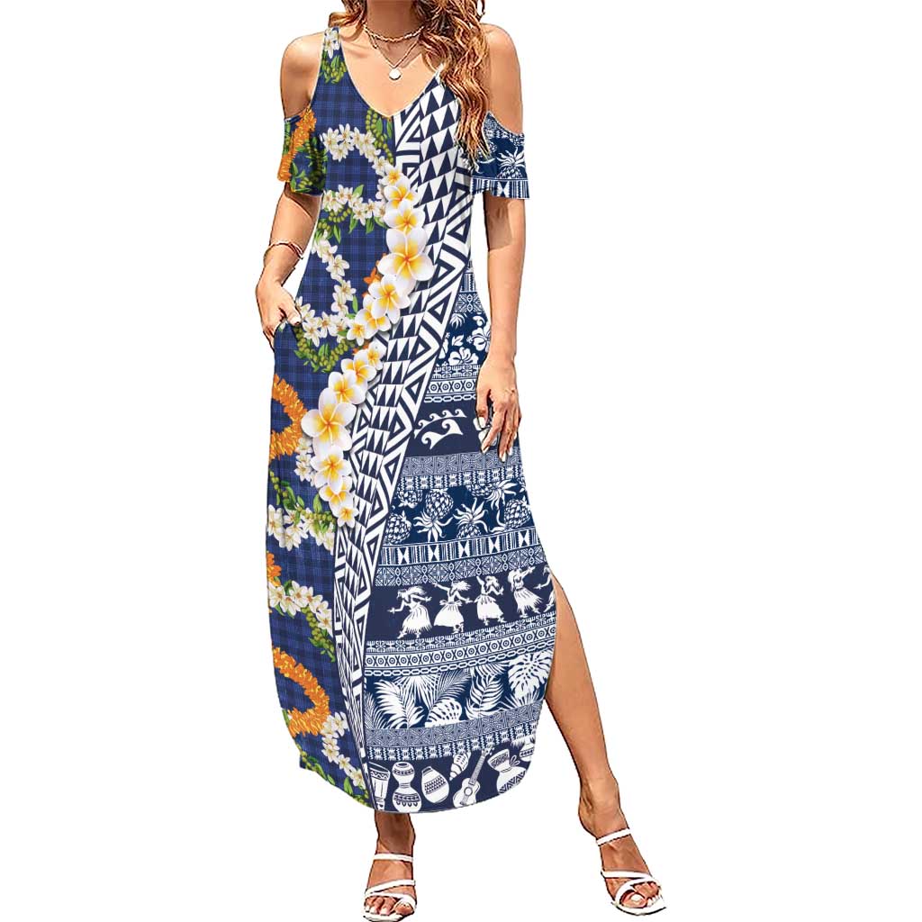 Hawaiian Plumeria Lei Summer Maxi Dress Kakau Motifs and Palaka Half Style Blue Color - Polynesian Pride