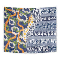 Hawaiian Plumeria Lei Tapestry Kakau Motifs and Palaka Half Style Blue Color - Polynesian Pride