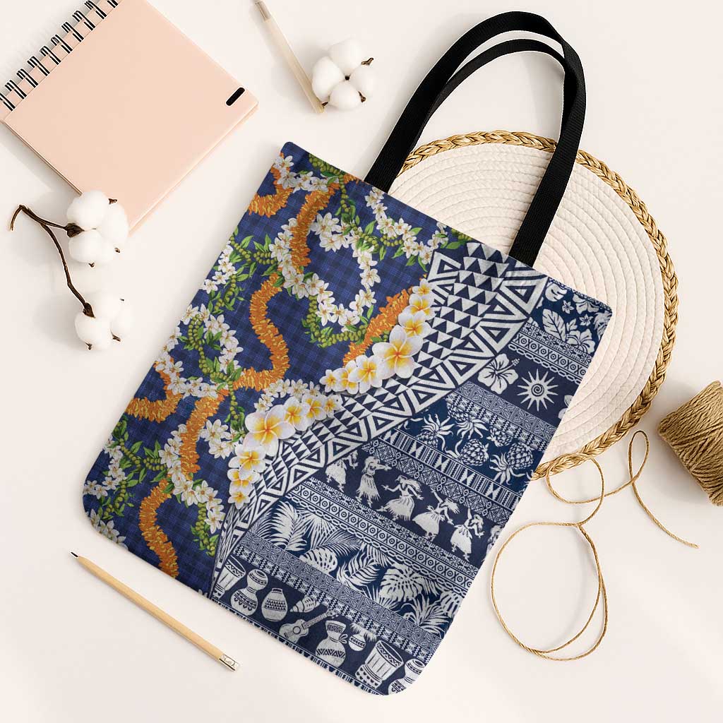 Hawaiian Plumeria Lei Tote Bag Kakau Motifs and Palaka Half Style Blue Color - Polynesian Pride