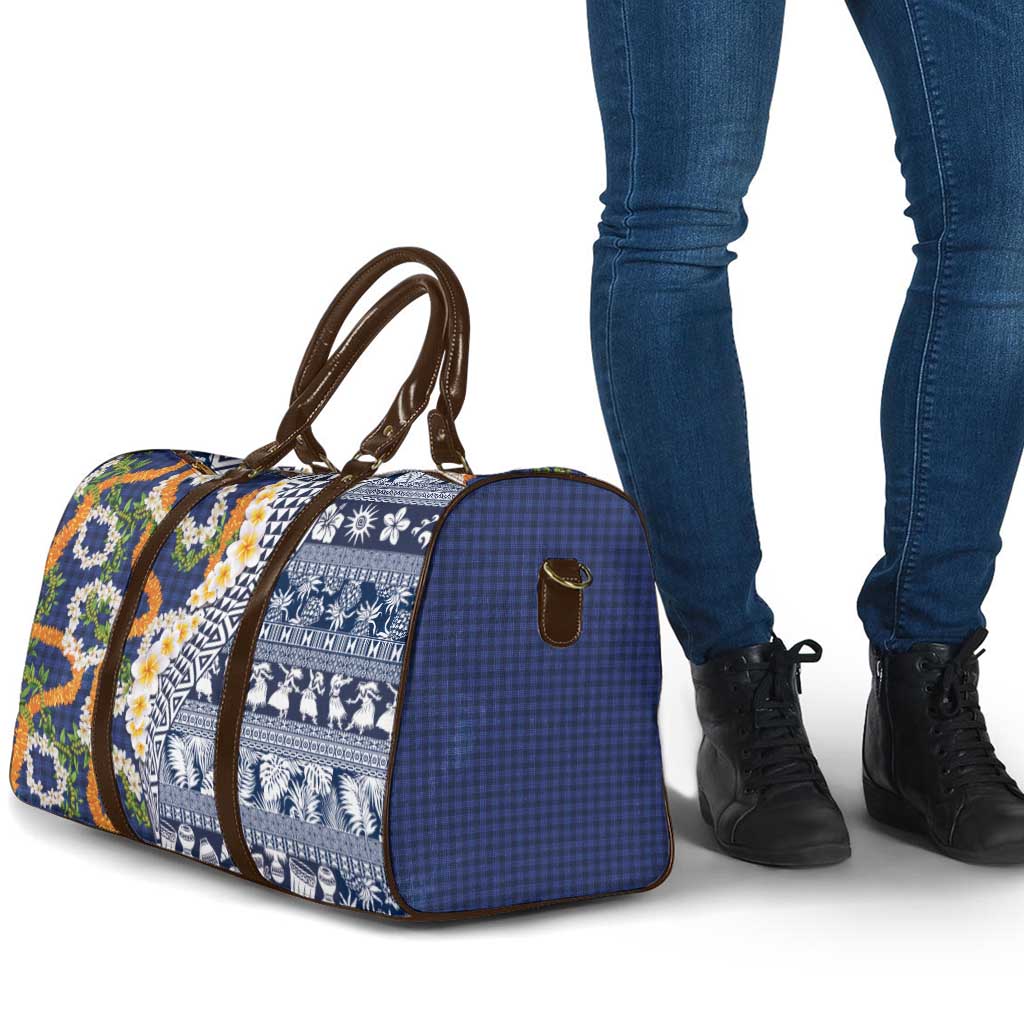 Hawaiian Plumeria Lei Travel Bag Kakau Motifs and Palaka Half Style Blue Color - Polynesian Pride