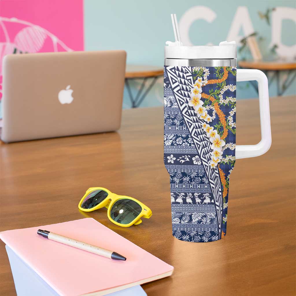 Hawaiian Plumeria Lei Tumbler With Handle Kakau Motifs and Palaka Half Style Blue Color - Polynesian Pride