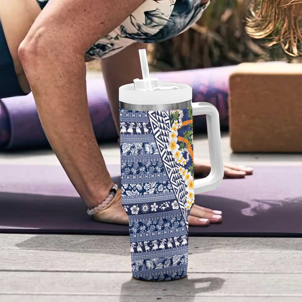 Hawaiian Plumeria Lei Tumbler With Handle Kakau Motifs and Palaka Half Style Blue Color - Polynesian Pride