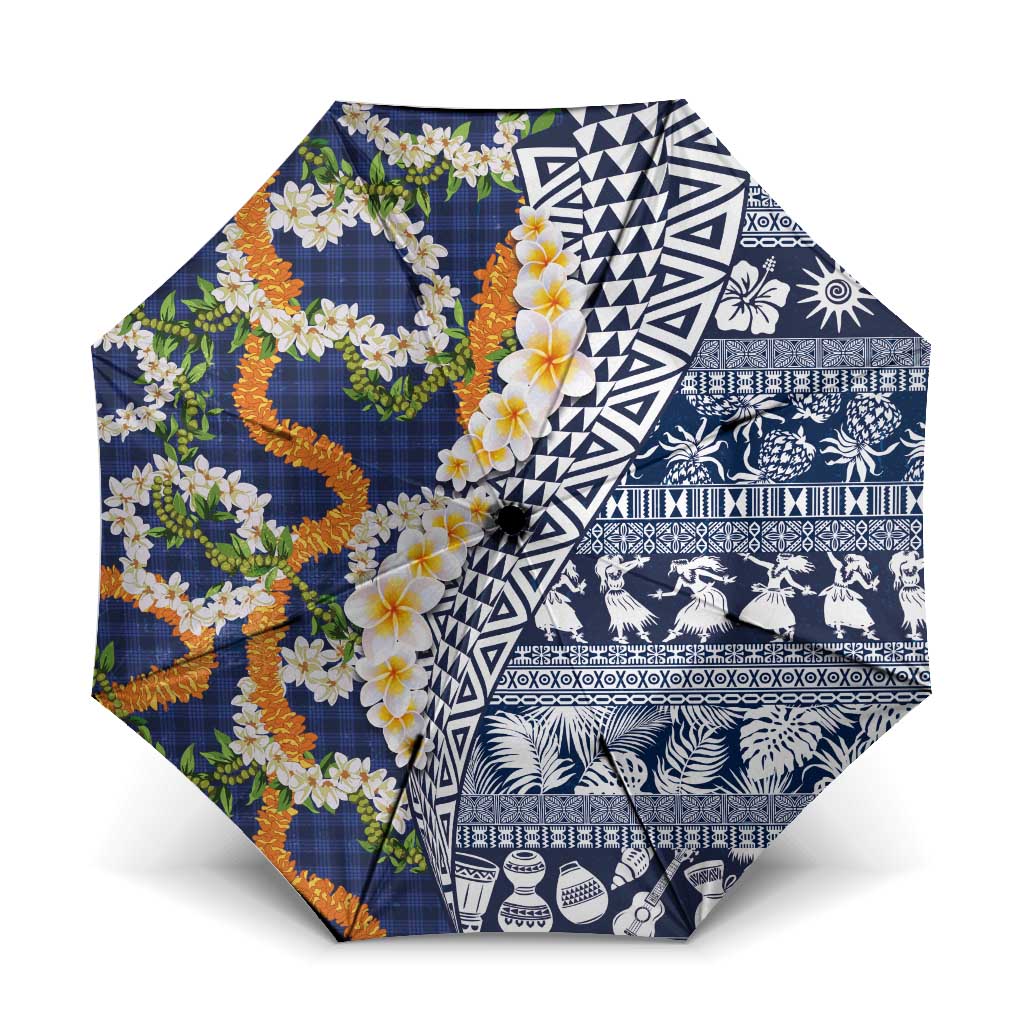 Hawaiian Plumeria Lei Umbrella Kakau Motifs and Palaka Half Style Blue Color - Polynesian Pride
