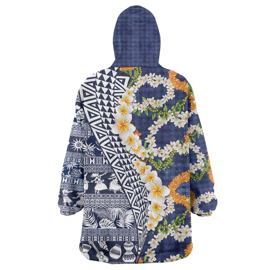 Hawaiian Plumeria Lei Wearable Blanket Hoodie Kakau Motifs and Palaka Half Style Blue Color LT03 - Polynesian Pride