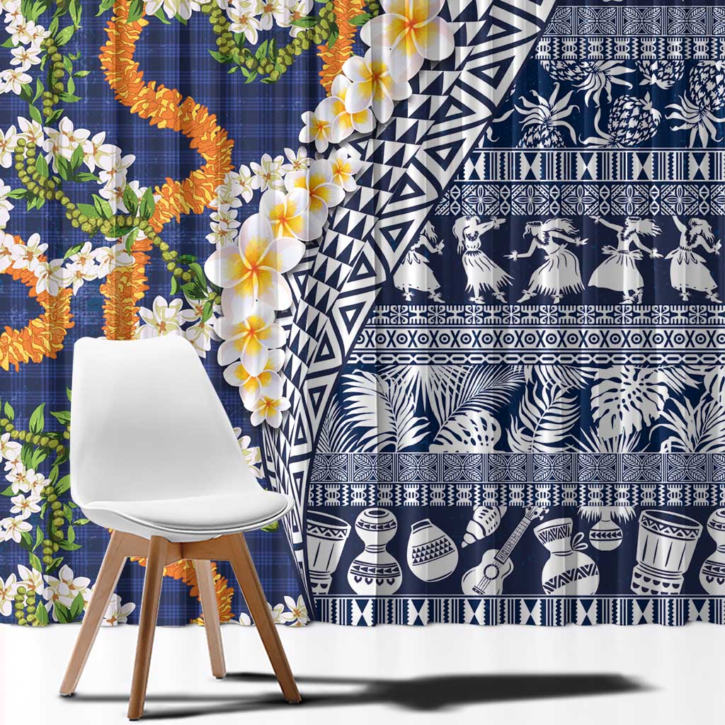 Hawaiian Plumeria Lei Window Curtain Kakau Motifs and Palaka Half Style Blue Color - Polynesian Pride