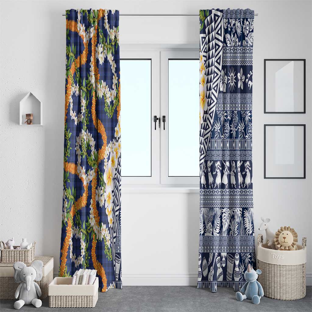 Hawaiian Plumeria Lei Window Curtain Kakau Motifs and Palaka Half Style Blue Color - Polynesian Pride