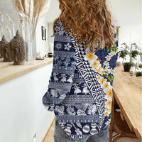 Hawaiian Plumeria Lei Women Casual Shirt Kakau Motifs and Palaka Half Style Blue Color LT03 - Polynesian Pride