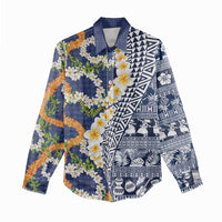 Hawaiian Plumeria Lei Women Casual Shirt Kakau Motifs and Palaka Half Style Blue Color LT03 - Polynesian Pride