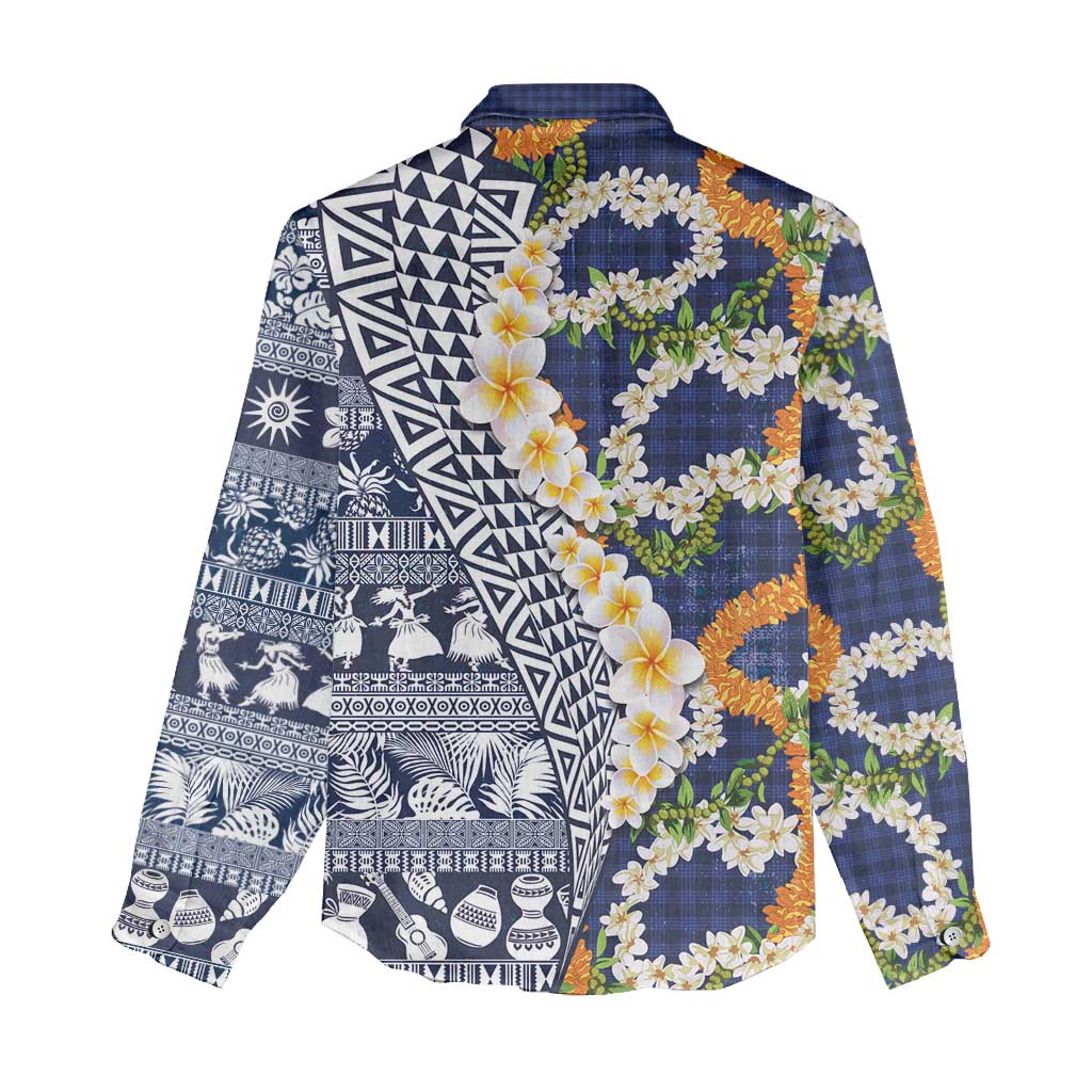 Hawaiian Plumeria Lei Women Casual Shirt Kakau Motifs and Palaka Half Style Blue Color LT03 - Polynesian Pride
