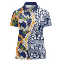 Hawaiian Plumeria Lei Women Polo Shirt Kakau Motifs and Palaka Half Style Blue Color LT03 Female Blue - Polynesian Pride