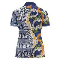 Hawaiian Plumeria Lei Women Polo Shirt Kakau Motifs and Palaka Half Style Blue Color LT03 - Polynesian Pride