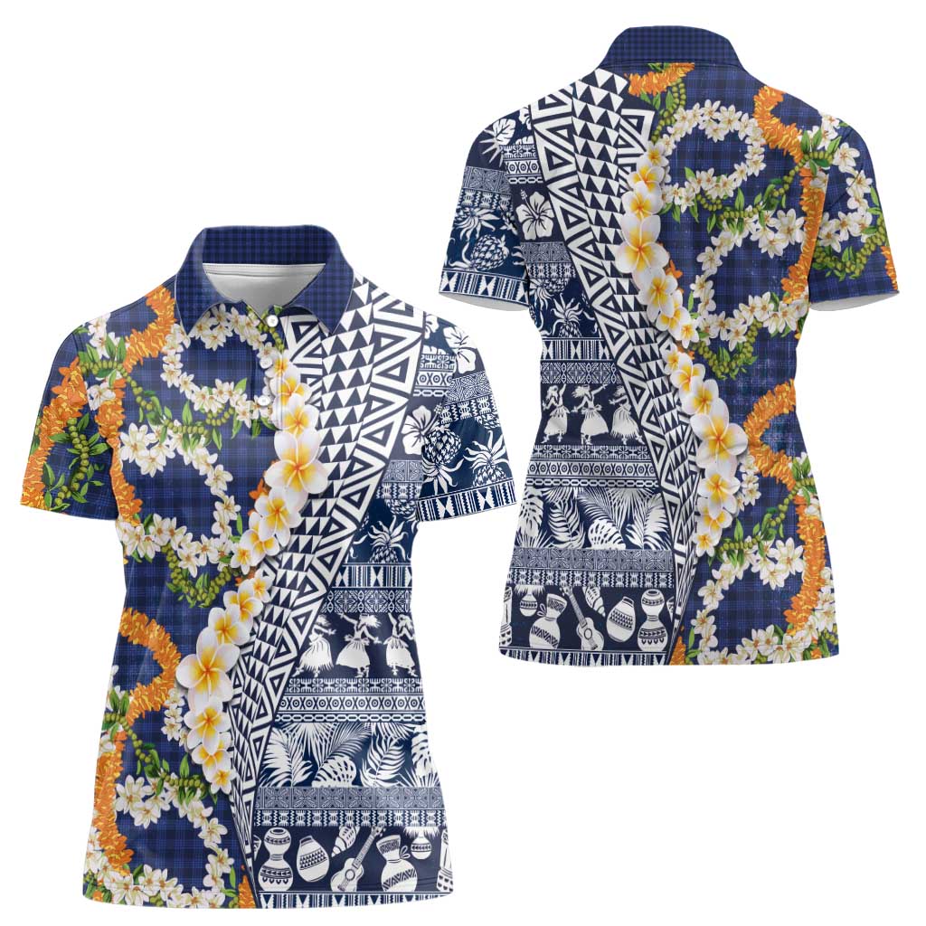 Hawaiian Plumeria Lei Women Polo Shirt Kakau Motifs and Palaka Half Style Blue Color LT03 - Polynesian Pride