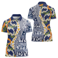 Hawaiian Plumeria Lei Women Polo Shirt Kakau Motifs and Palaka Half Style Blue Color LT03 - Polynesian Pride