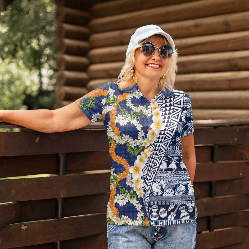 Hawaiian Plumeria Lei Women Polo Shirt Kakau Motifs and Palaka Half Style Blue Color LT03 - Polynesian Pride