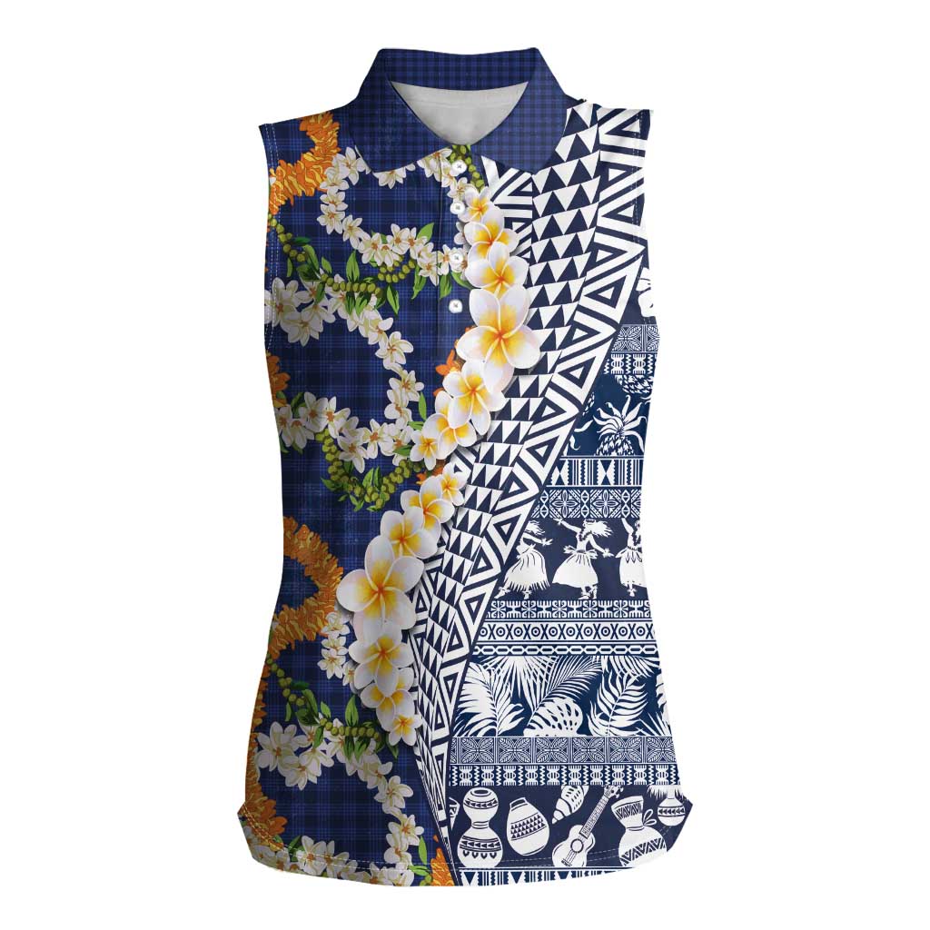 Hawaiian Plumeria Lei Women Sleeveless Polo Shirt Kakau Motifs and Palaka Half Style Blue Color LT03 Female Blue - Polynesian Pride