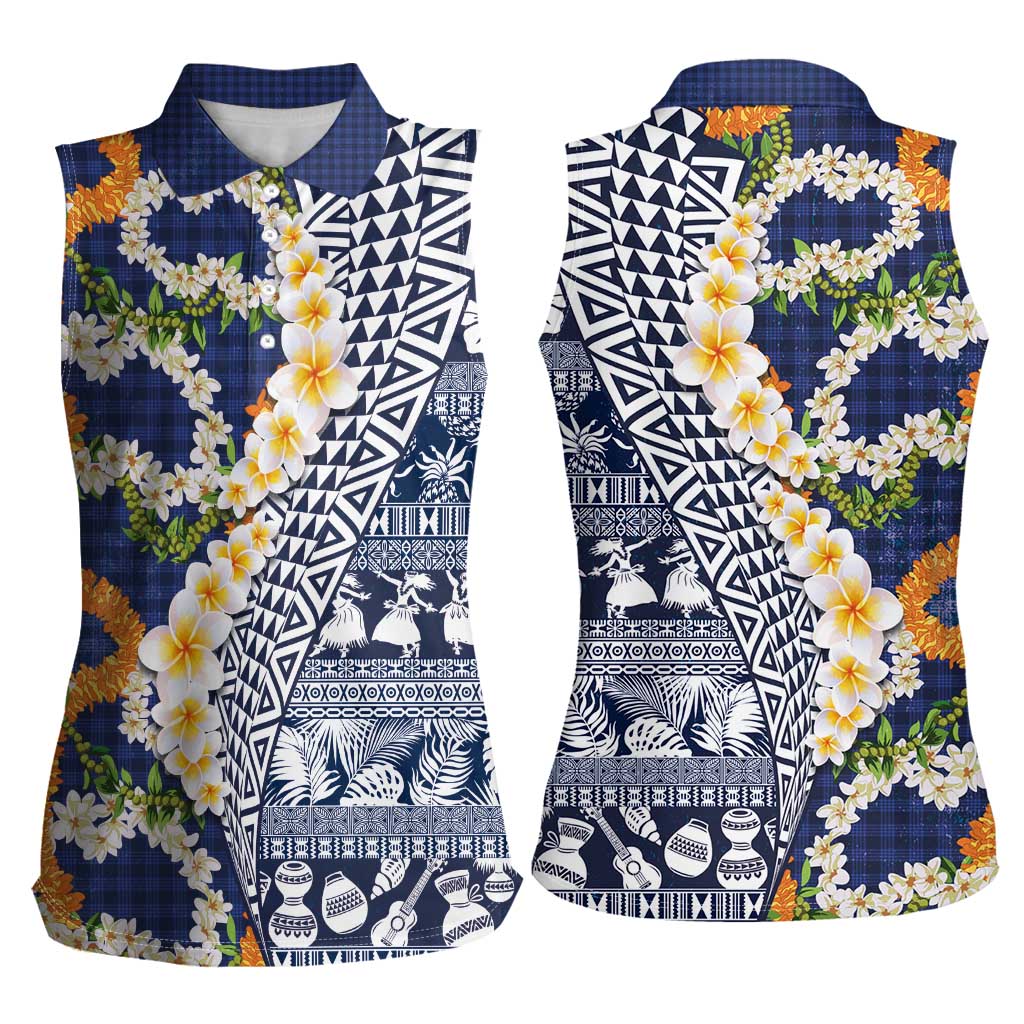 Hawaiian Plumeria Lei Women Sleeveless Polo Shirt Kakau Motifs and Palaka Half Style Blue Color LT03 - Polynesian Pride