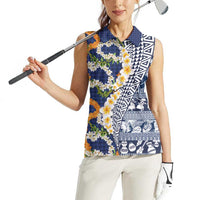 Hawaiian Plumeria Lei Women Sleeveless Polo Shirt Kakau Motifs and Palaka Half Style Blue Color LT03 - Polynesian Pride