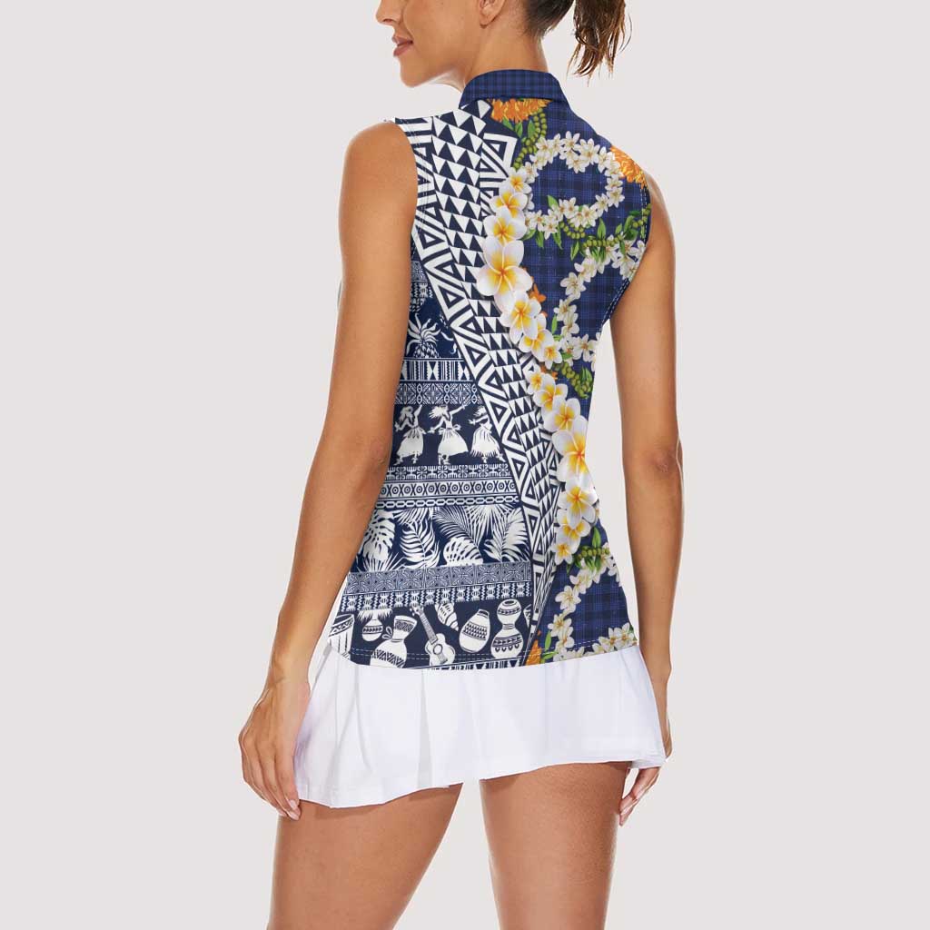 Hawaiian Plumeria Lei Women Sleeveless Polo Shirt Kakau Motifs and Palaka Half Style Blue Color LT03 - Polynesian Pride
