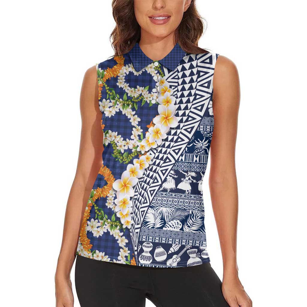 Hawaiian Plumeria Lei Women Sleeveless Polo Shirt Kakau Motifs and Palaka Half Style Blue Color LT03 - Polynesian Pride