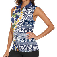 Hawaiian Plumeria Lei Women Sleeveless Polo Shirt Kakau Motifs and Palaka Half Style Blue Color LT03 - Polynesian Pride