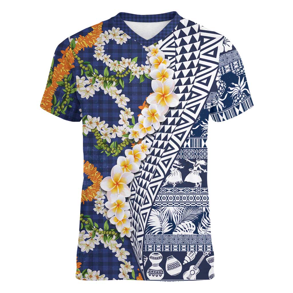 Hawaiian Plumeria Lei Women V-Neck T-Shirt Kakau Motifs and Palaka Half Style Blue Color LT03 Female Blue - Polynesian Pride