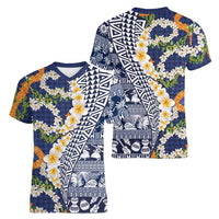 Hawaiian Plumeria Lei Women V-Neck T-Shirt Kakau Motifs and Palaka Half Style Blue Color LT03 - Polynesian Pride