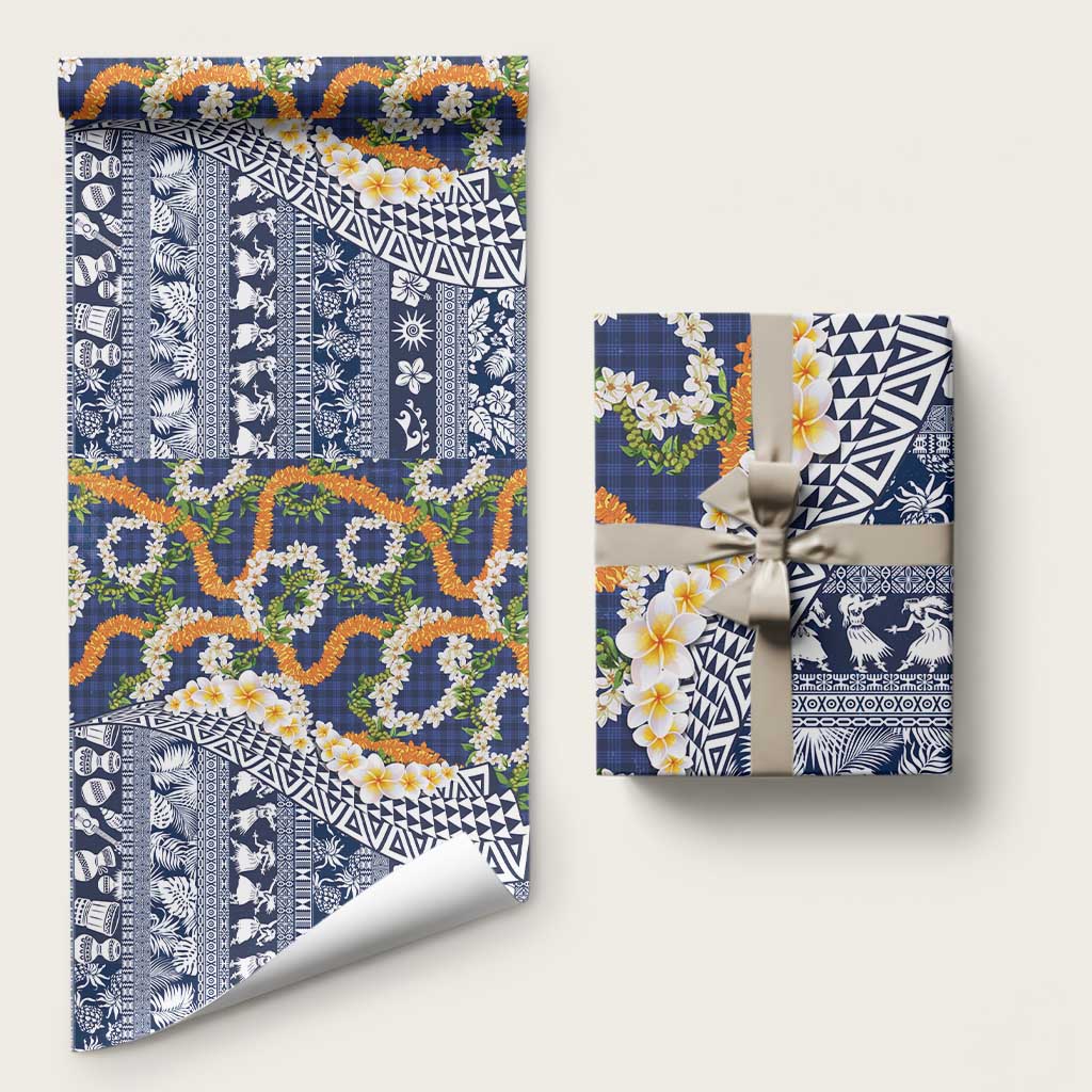 Hawaiian Plumeria Lei Wrapping Paper Kakau Motifs and Palaka Half Style Blue Color - Polynesian Pride