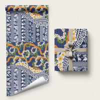 Hawaiian Plumeria Lei Wrapping Paper Kakau Motifs and Palaka Half Style Blue Color - Polynesian Pride