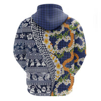Hawaiian Plumeria Lei Zip Hoodie Kakau Motifs and Palaka Half Style Blue Color - Polynesian Pride