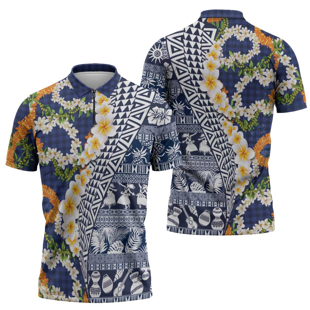 Hawaiian Plumeria Lei Zipper Polo Shirt Kakau Motifs and Palaka Half Style Blue Color - Polynesian Pride