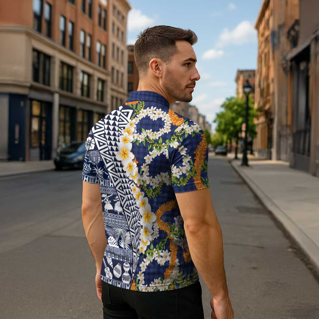 Hawaiian Plumeria Lei Zipper Polo Shirt Kakau Motifs and Palaka Half Style Blue Color - Polynesian Pride