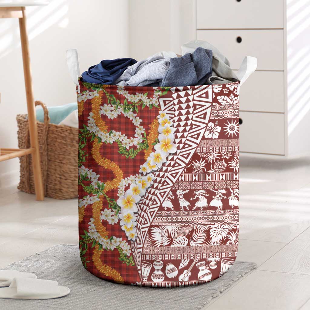 Hawaiian Plumeria Lei Laundry Basket Kakau Motifs and Palaka Half Style Red Color - Polynesian Pride