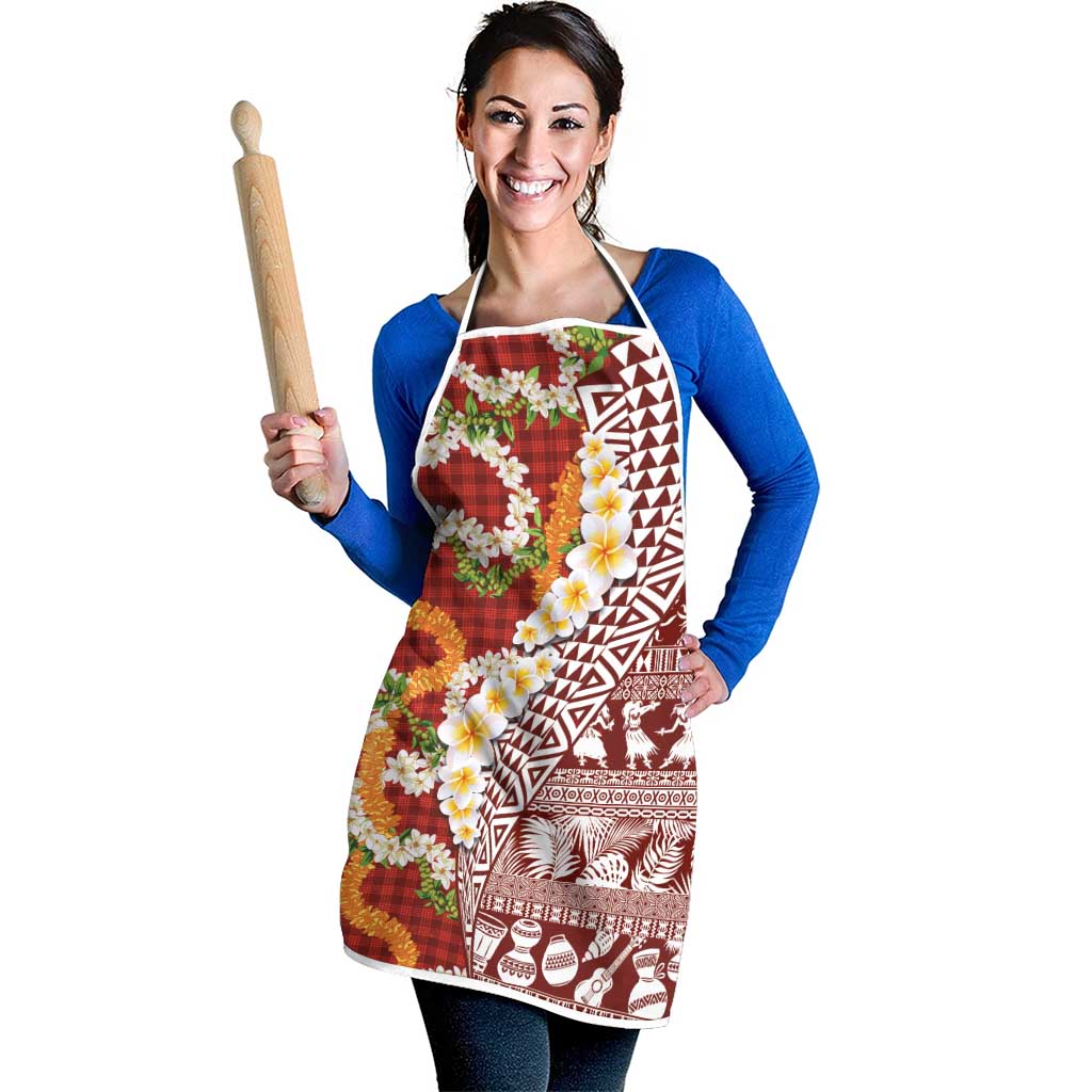 Hawaiian Plumeria Lei Apron Kakau Motifs and Palaka Half Style Red Color - Polynesian Pride