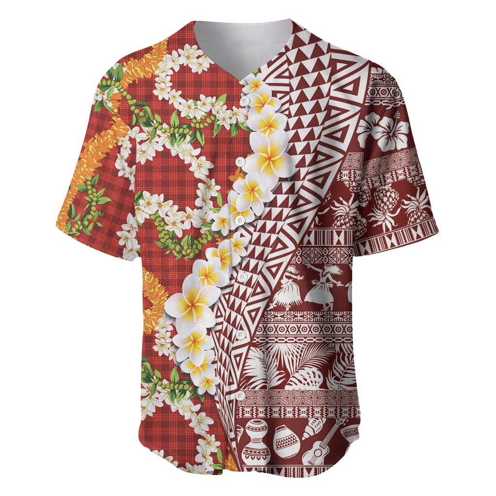 Hawaiian Plumeria Lei Baseball Jersey Kakau Motifs and Palaka Half Style Red Color - Polynesian Pride