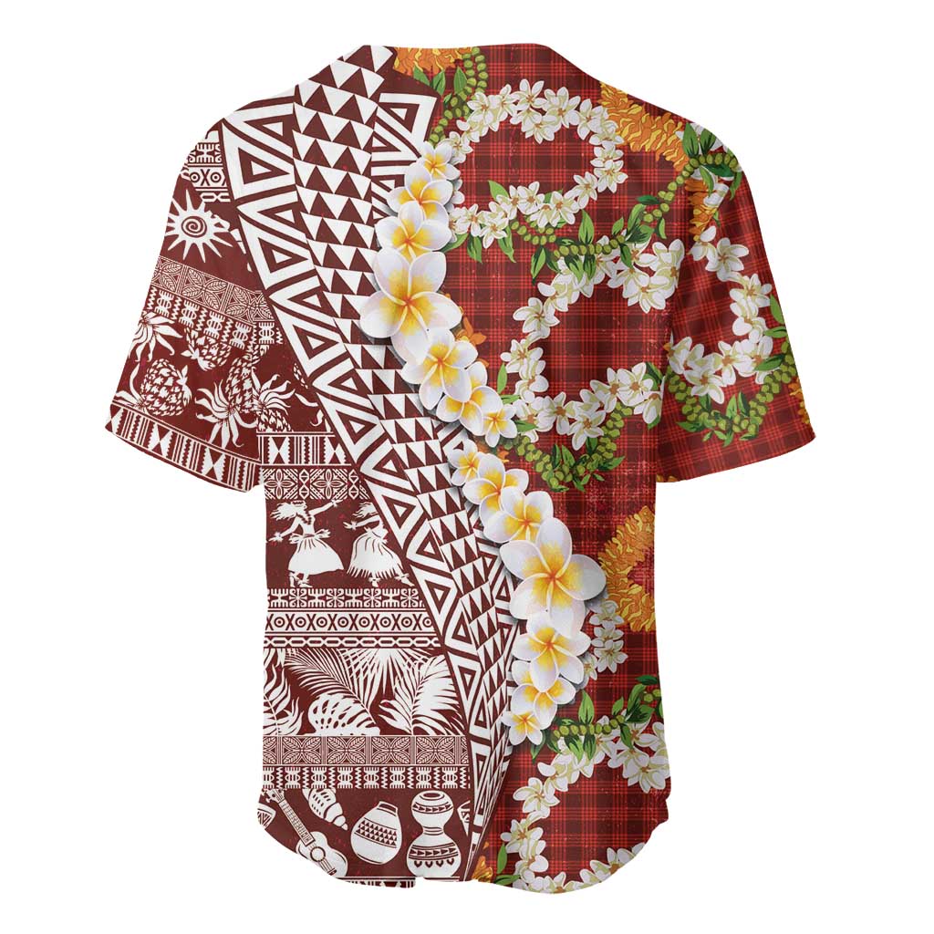 Hawaiian Plumeria Lei Baseball Jersey Kakau Motifs and Palaka Half Style Red Color - Polynesian Pride