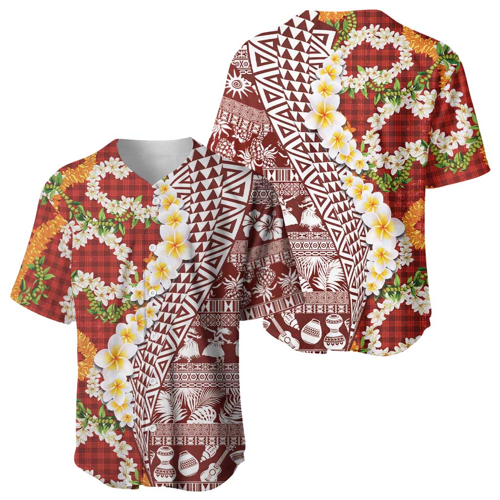 Hawaiian Plumeria Lei Baseball Jersey Kakau Motifs and Palaka Half Style Red Color - Polynesian Pride