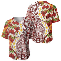 Hawaiian Plumeria Lei Baseball Jersey Kakau Motifs and Palaka Half Style Red Color - Polynesian Pride