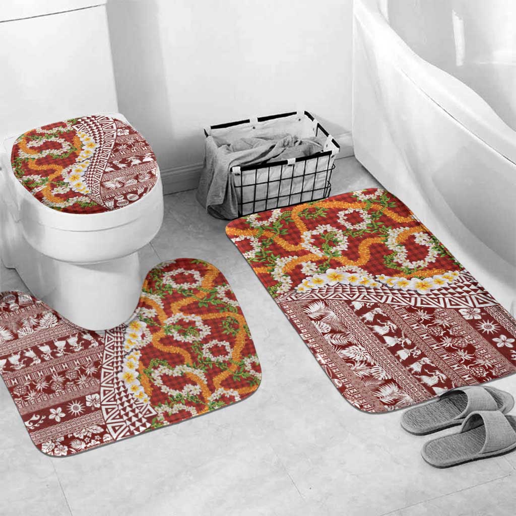 Hawaiian Plumeria Lei Bathroom Set Kakau Motifs and Palaka Half Style Red Color - Polynesian Pride