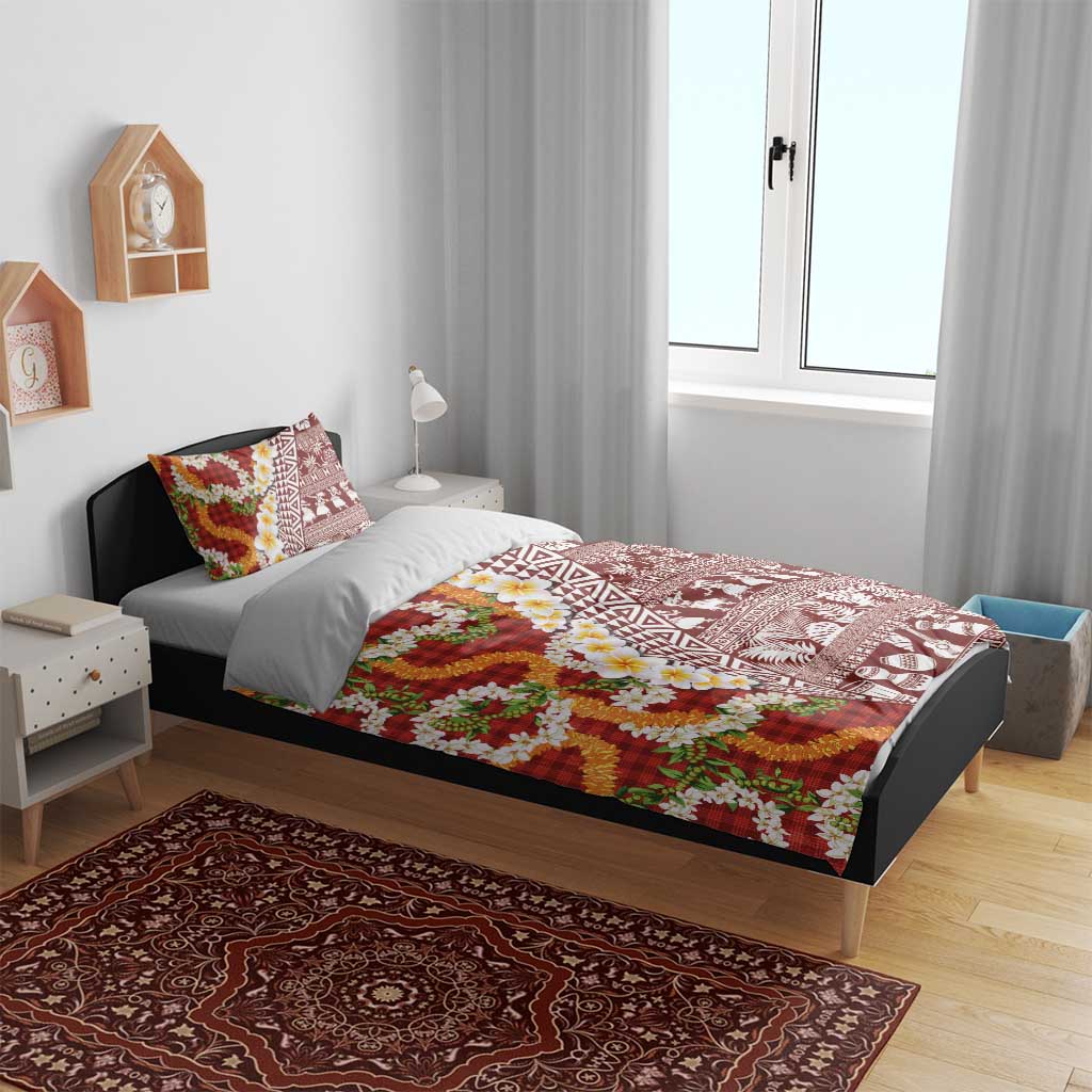 Hawaiian Plumeria Lei Bedding Set Kakau Motifs and Palaka Half Style Red Color - Polynesian Pride
