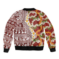 Hawaiian Plumeria Lei Bomber Jacket Kakau Motifs and Palaka Half Style Red Color - Polynesian Pride
