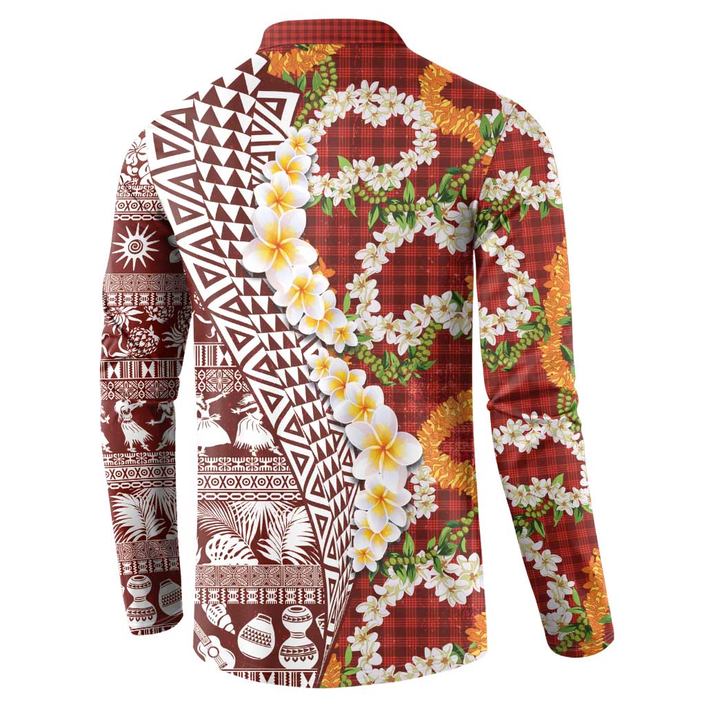 Hawaiian Plumeria Lei Button Sweatshirt Kakau Motifs and Palaka Half Style Red Color - Polynesian Pride