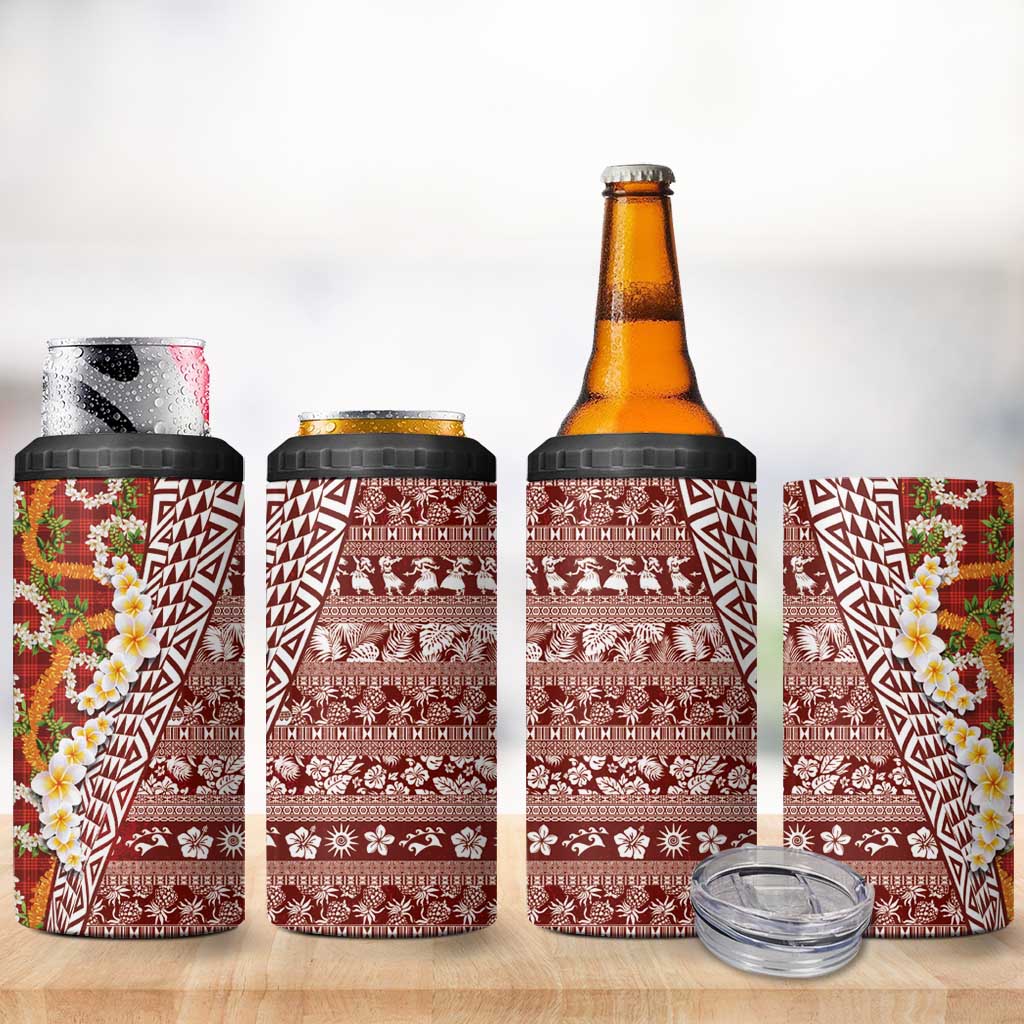 Hawaiian Plumeria Lei 4 in 1 Can Cooler Tumbler Kakau Motifs and Palaka Half Style Red Color LT03 - Polynesian Pride