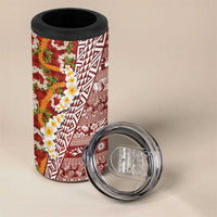 Hawaiian Plumeria Lei 4 in 1 Can Cooler Tumbler Kakau Motifs and Palaka Half Style Red Color LT03 - Polynesian Pride