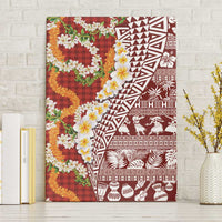 Hawaiian Plumeria Lei Canvas Wall Art Kakau Motifs and Palaka Half Style Red Color - Polynesian Pride