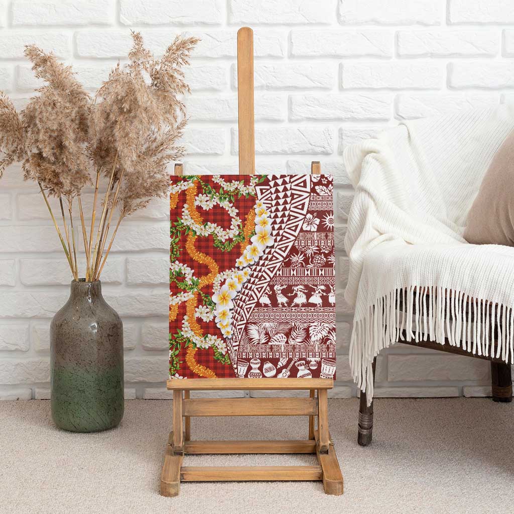 Hawaiian Plumeria Lei Canvas Wall Art Kakau Motifs and Palaka Half Style Red Color - Polynesian Pride