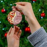 Hawaiian Plumeria Lei Ceramic Ornament Kakau Motifs and Palaka Half Style Red Color - Polynesian Pride