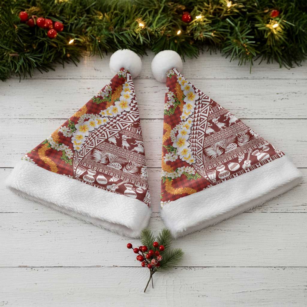 Hawaiian Plumeria Lei Christmas Santa Hat Kakau Motifs and Palaka Half Style Red Color LT03 - Polynesian Pride