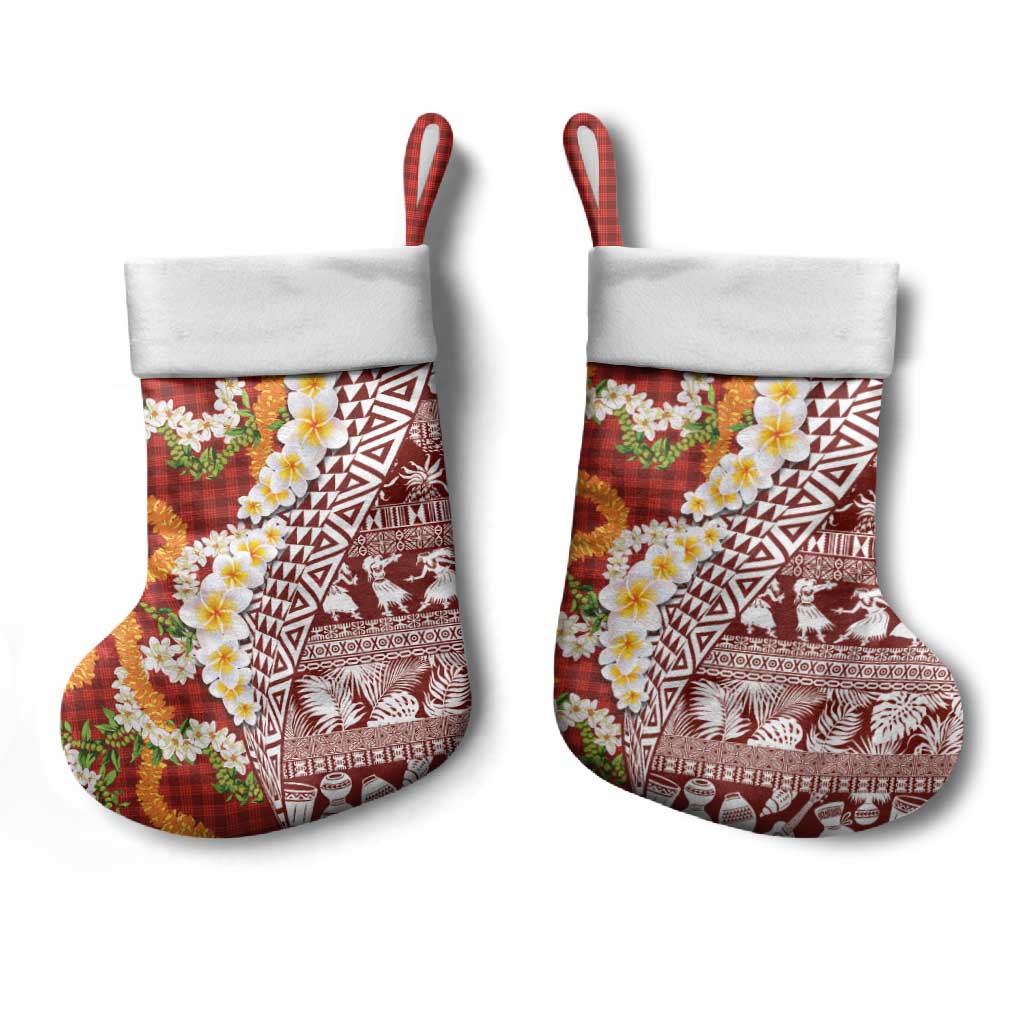 Hawaiian Plumeria Lei Christmas Stocking Kakau Motifs and Palaka Half Style Red Color - Polynesian Pride