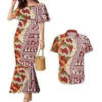 Hawaiian Plumeria Lei Couples Matching Mermaid Dress and Hawaiian Shirt Kakau Motifs and Palaka Half Style Red Color LT03 Red - Polynesian Pride