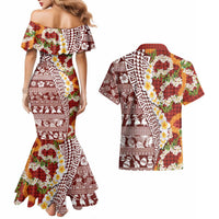 Hawaiian Plumeria Lei Couples Matching Mermaid Dress and Hawaiian Shirt Kakau Motifs and Palaka Half Style Red Color LT03 - Polynesian Pride